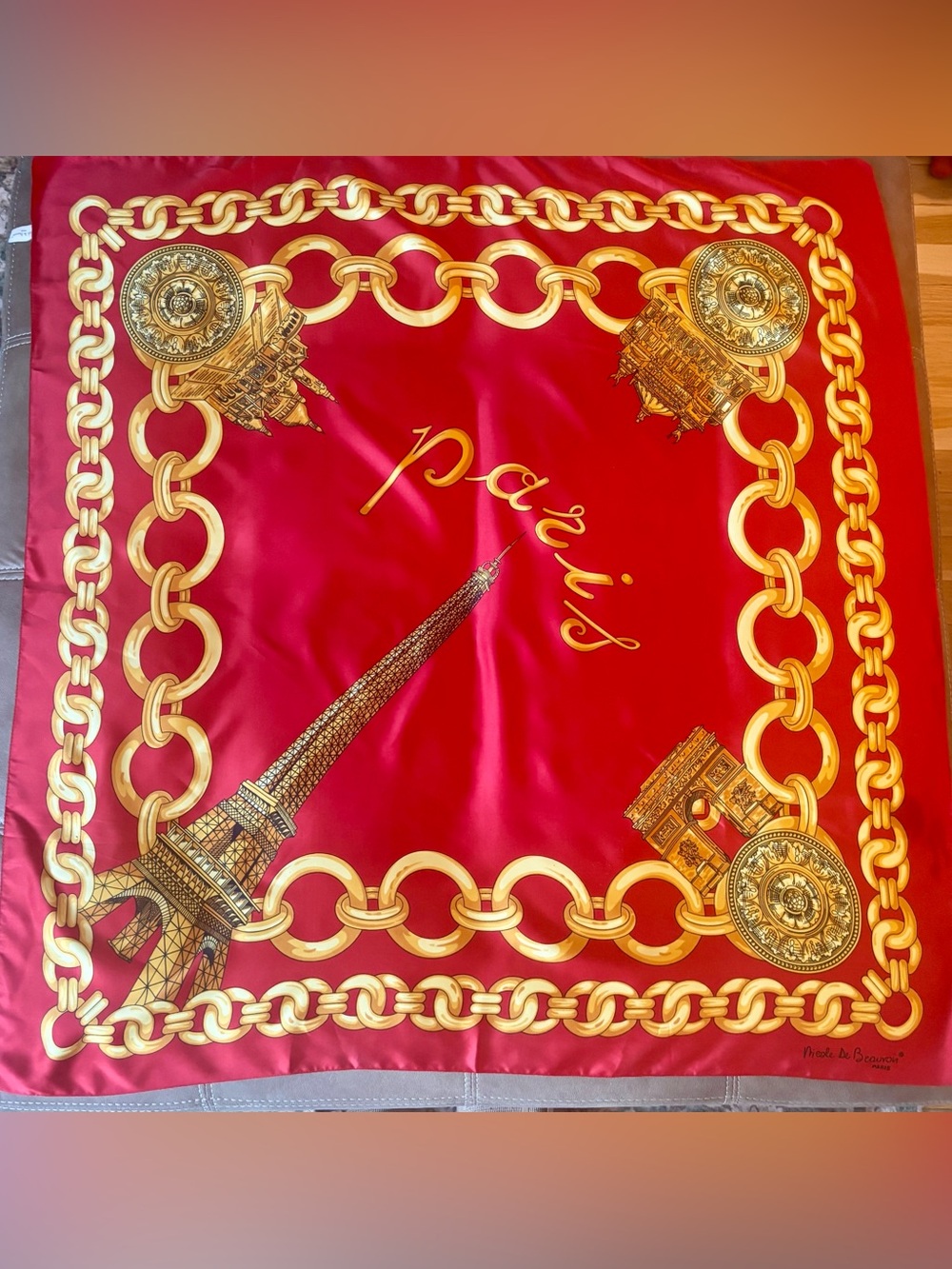 VINTAGE Paris Architecture Gold-Accent Red Silk-Style Scarf